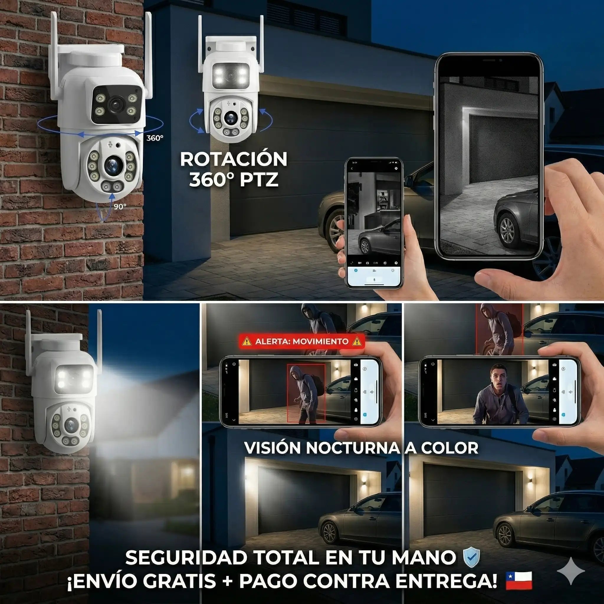 🚨 Cámara de Seguridad Dual con Visión Nocturna a Color y Rotación 360° - Protege tu Hogar las 24 Horas