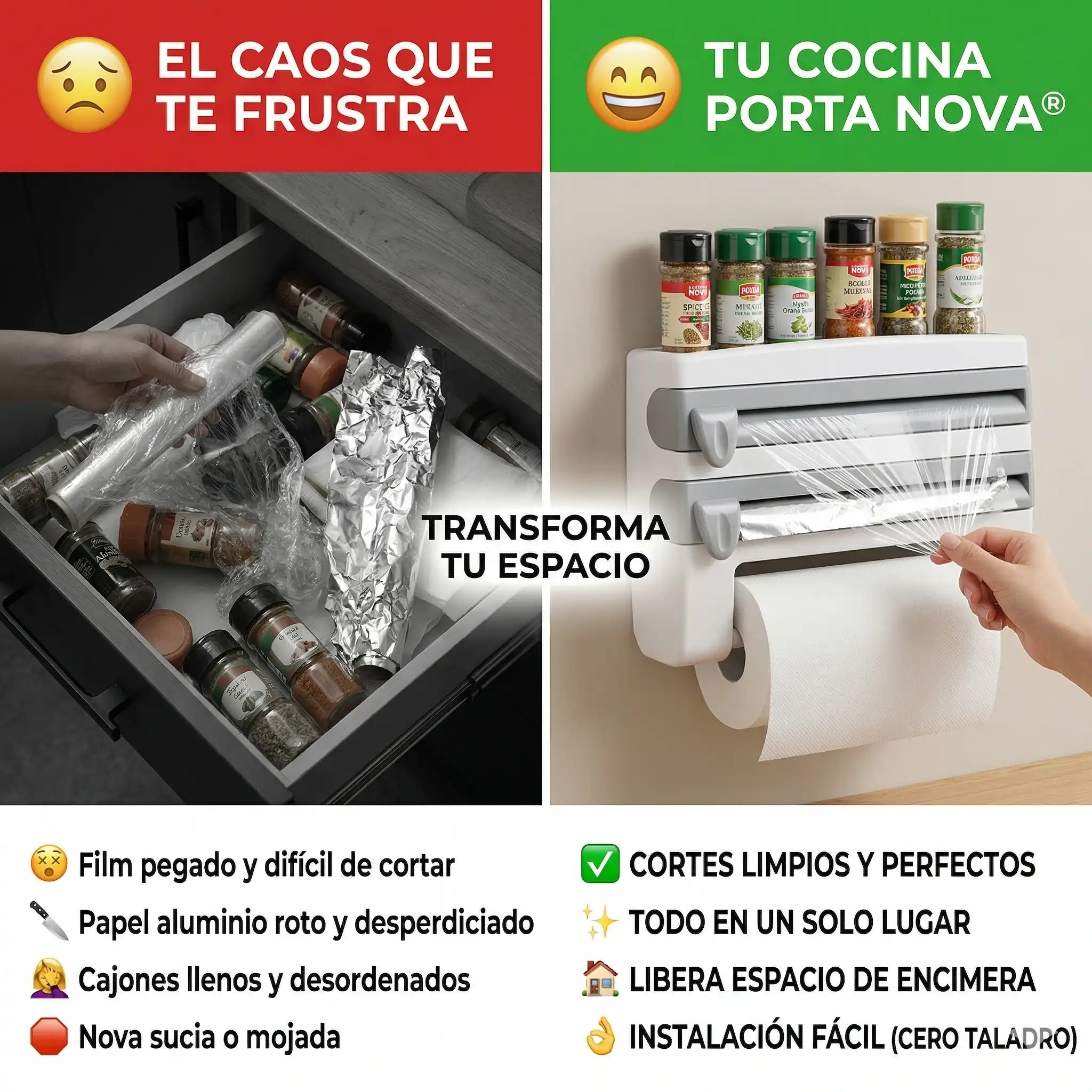 Porta Nova Organizador 3-en-1: Cortador Perfecto de Film, Alusa y Papel Nova + Estante de Especias