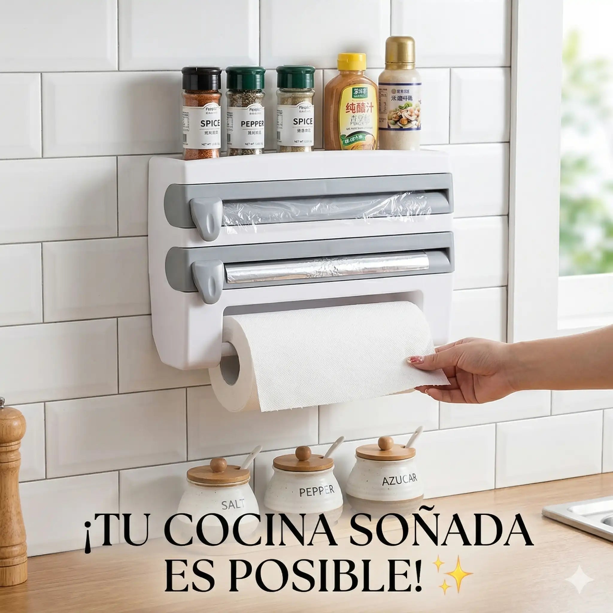 Porta Nova Organizador 3-en-1: Cortador Perfecto de Film, Alusa y Papel Nova + Estante de Especias